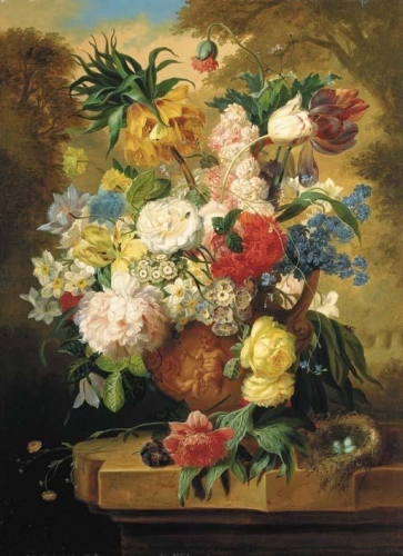 Flowers n a terracotta vase on a marble ledge in a landscape.jpg